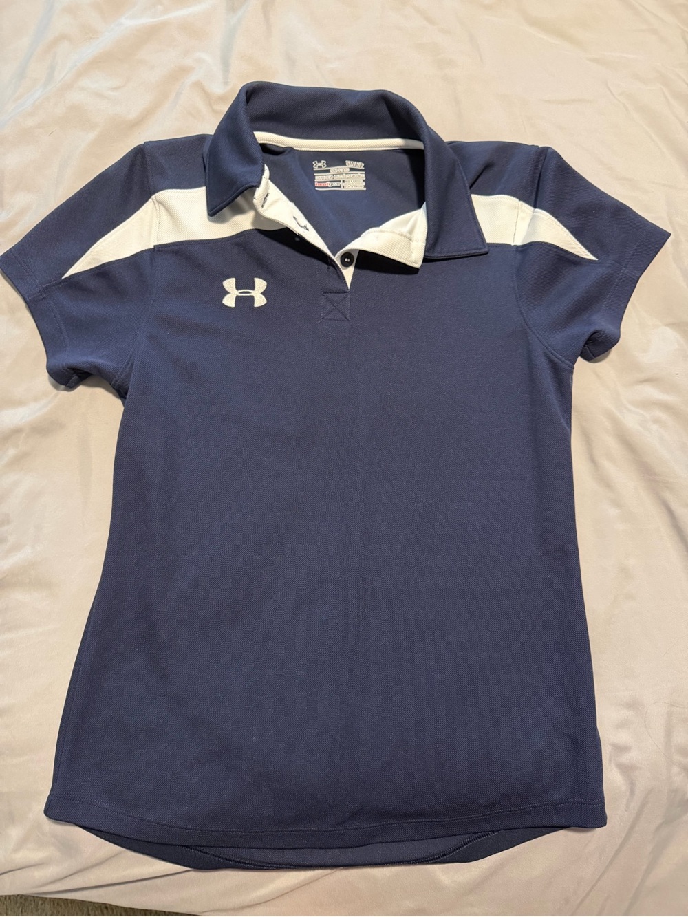 Under Armour Women’s Navy Polo Top with White Accents. Size Small.
